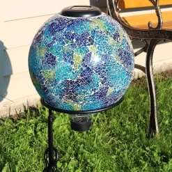 Sunnydaze Decor Sunnydaze Crackled Glass Azul Terra Design Indoor/Outdoor Garden Gazing Globe With LED Solar Light - 10" Diameter - Blue And Green