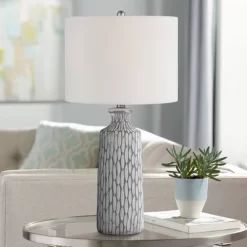 360 Lighting Patrick Modern Coastal Table Lamp 26 1/4" High Gray White Wash Geometric Ceramic Drum Fabric Shade For Bedroom Living Room Bedside Office