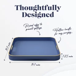 American Atelier Blue Square Large Tray With Gold Trimming & Handles