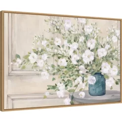 33" X 23" White Bouquet By Julia Purinton Framed Canvas Wall Art Print - Amanti Art