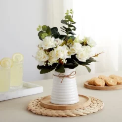 Farmlyn Creek 4 Piece Artificial White Roses, Fake Faux Flowers Plants With Ceramic Vase For Indoor Spring Home Decor
