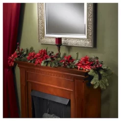 60" Poinsettia & Berry Garland - Nearly Natural