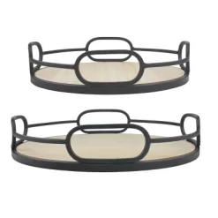 2pc Modern Round Wood And Metal Serving Tray Set Brown - Stonebriar Collection