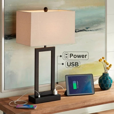 360 Lighting Todd Modern Table Lamp 30" Tall Bronze Rectangular With USB And AC Power Outlet In Base Oatmeal Fabric Shade For Living Room Office House 1 360 Lighting Todd Modern Table Lamp 30" Tall Bronze Rectangular With USB And AC Power Outlet In Base Oatmeal Fabric Shade For Living Room Office House