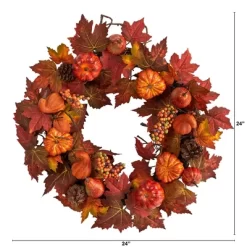 Nearly Natural 24” Autumn Maple Leaves, Pumpkin, Pinecone And Berries Artificial Fall Wreath