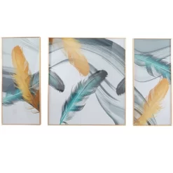 Set Of 3 Porcelain Bird Feathers Framed Wall Arts With Gold Aluminum Frames Blue - CosmoLiving By Cosmopolitan