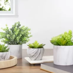 Northlight 4" Green And Purple Artificial Succulent In Faux Marble Pot